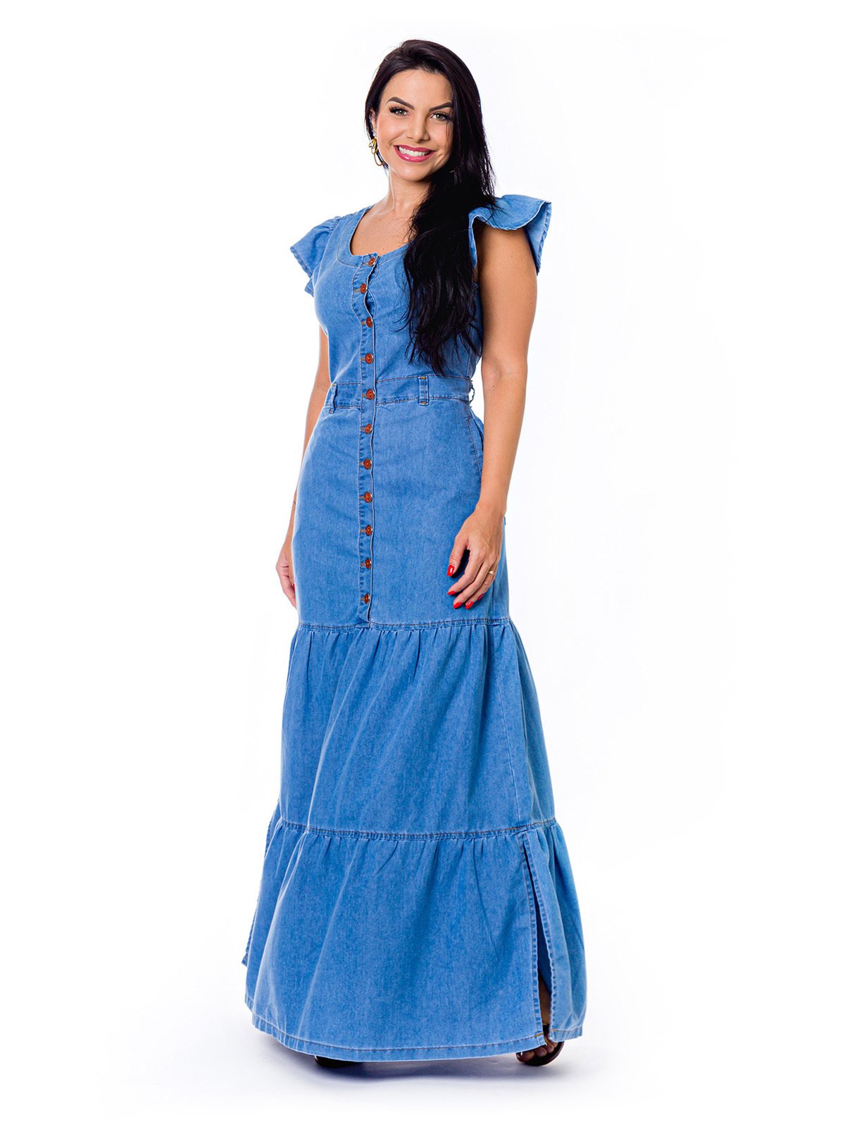 Vestido Longo Restrito Jeans com Mangas e Botões -AZUL MÉDIO