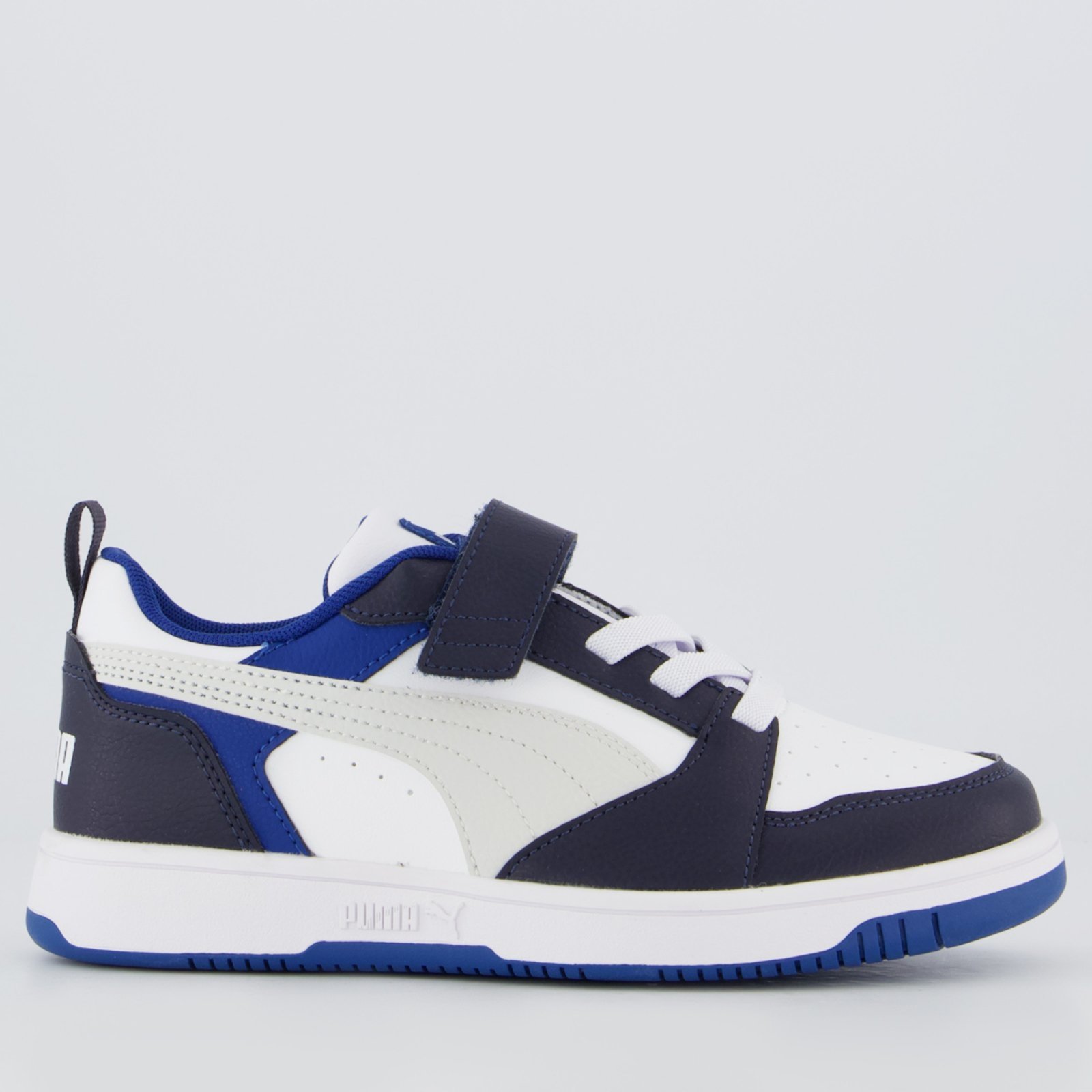 Tênis Puma Rebound V6 LO AC+ PS Juvenil Branco e Azul Marinho