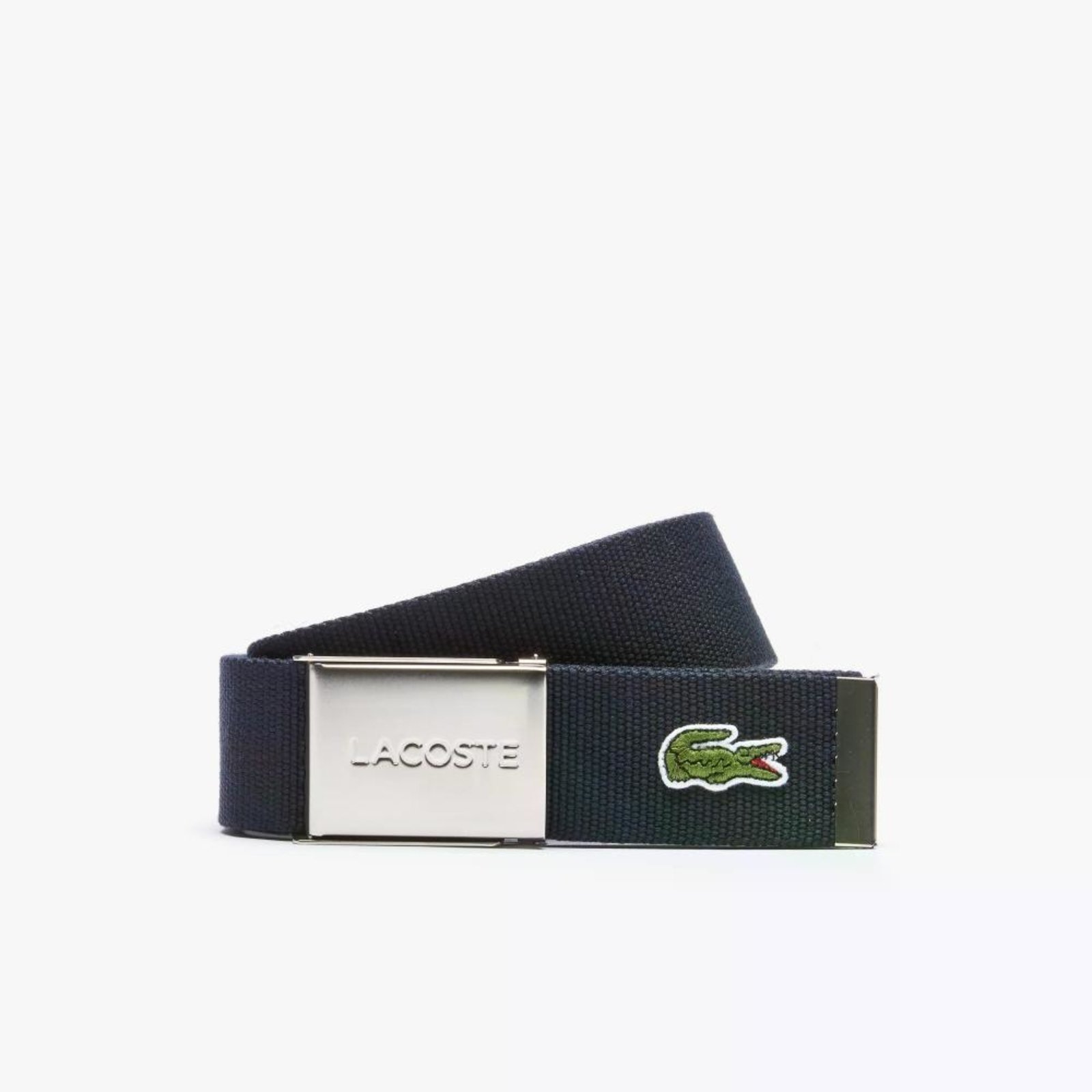 Cinto masculino Made in France em tecido com fivela com gravação Lacoste Azul