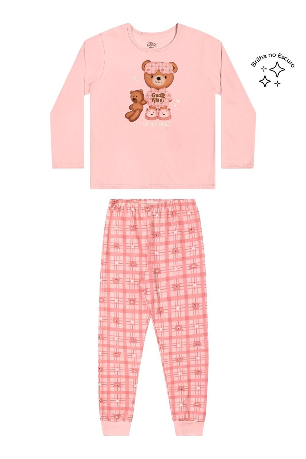 Pijama Longo Menina Xadrez Ursinho Elian Rosa