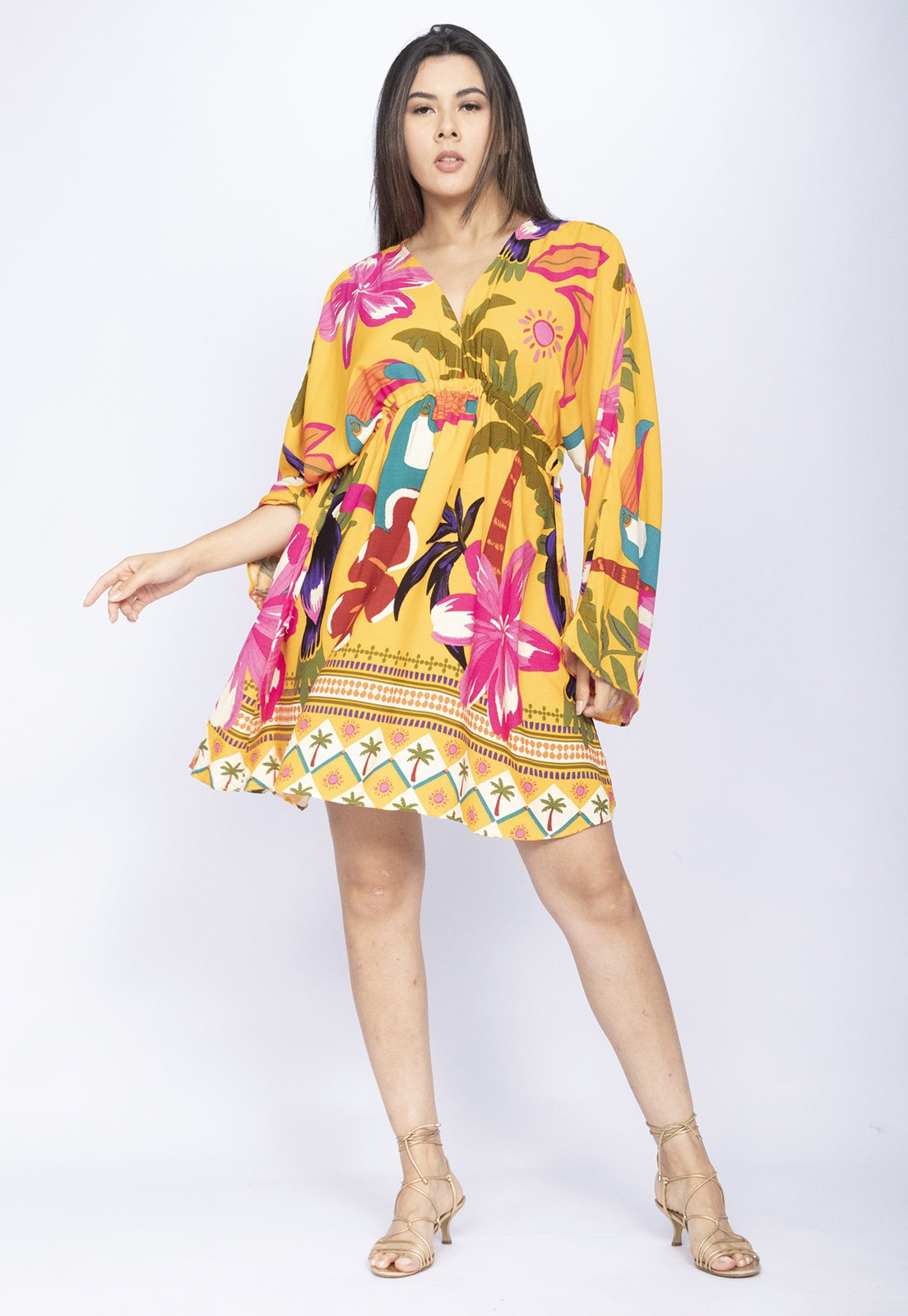 Vista 2 Vestido Amazônia Vital Curto Manga Ampla Estampa Tropis Amazonia Vital estampado/laranja