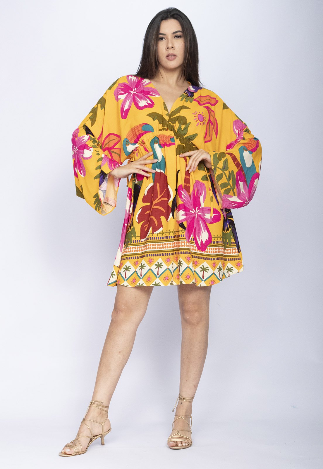 Vista 3 Vestido Amazônia Vital Curto Manga Ampla Estampa Tropis Amazonia Vital estampado/laranja