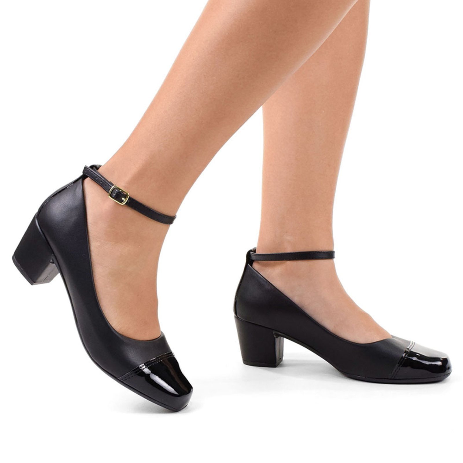 Vista 3 Sapato Scarpin CM Calçados Mary Jane Bico Quadrado Confort Bicolor Verniz Monte Shoes preto Monte Shoes preto
