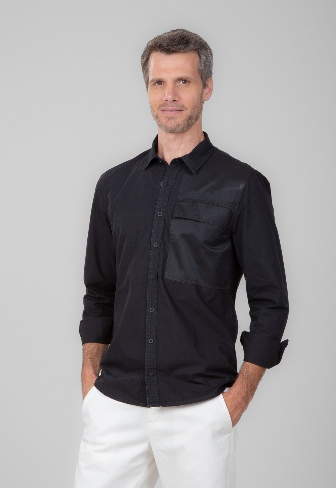 Camisa Sarja Traymon Slim Manga Longa Preto