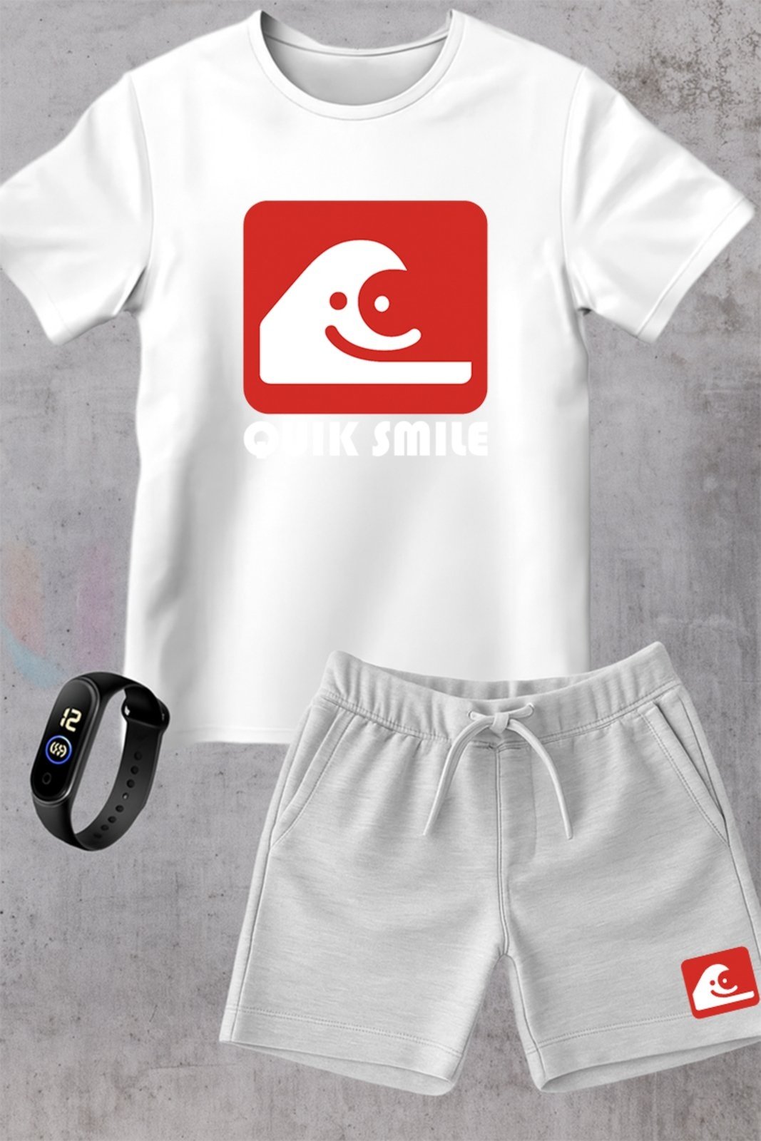 Infantil - Kit Camiseta menino Urbania Algodão branca Short Bermuda cinza menina Conjunto black promoção oferta + brinde relogio estampa quik smile estilo silver
