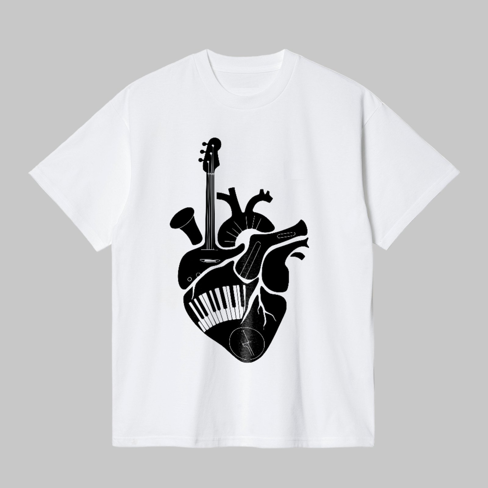 Camiseta Básica Coração Musical Instrumentos Estilo Artístico Branco