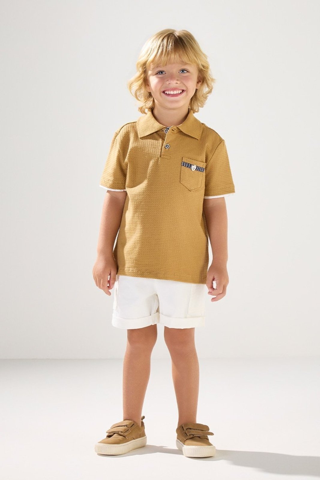 Infantil - Conjunto Polo Texturizada e Bermuda em Sarja