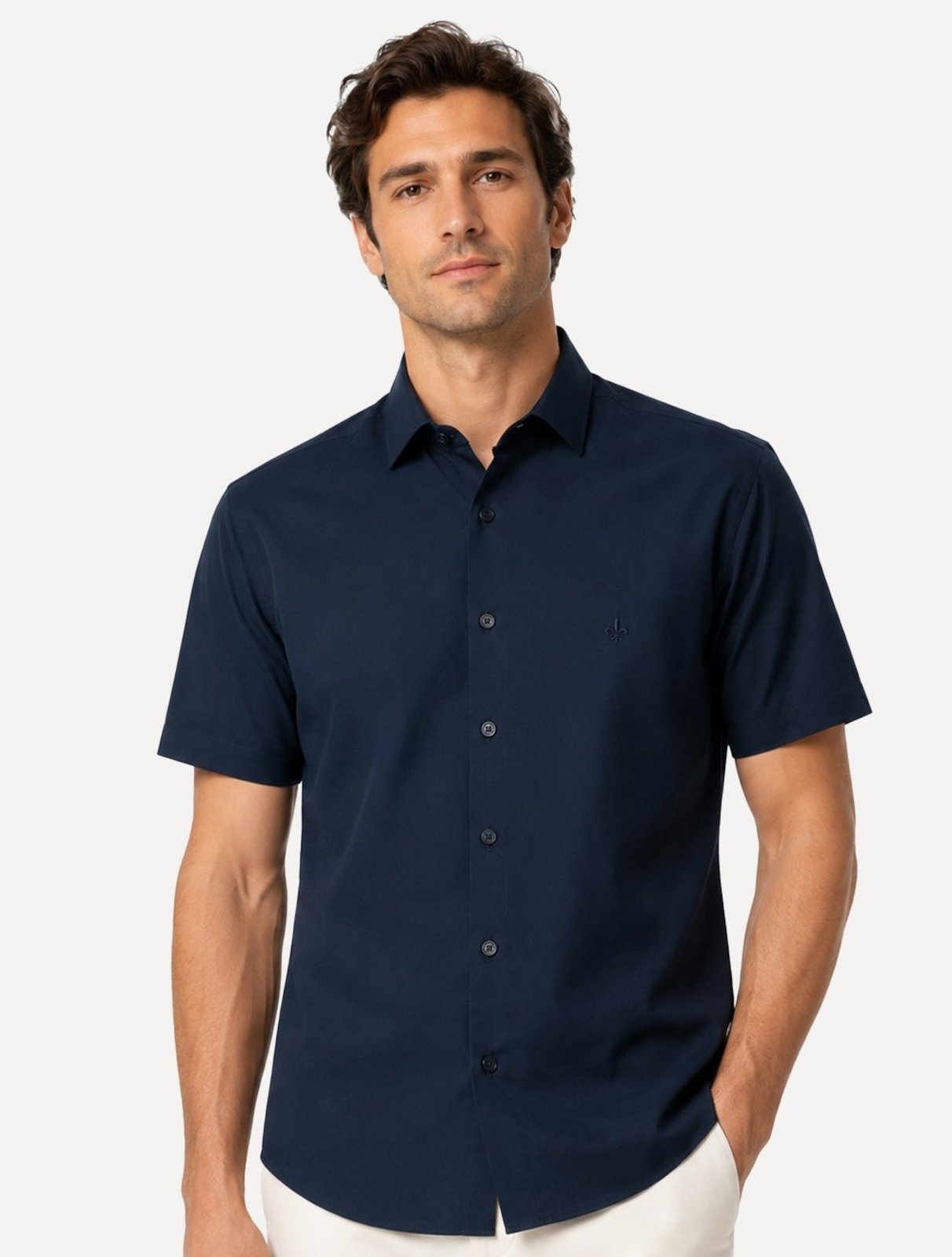Camisa Dudalina Masculina Manga Curta Slim Superfine Cotton Tricoline Lisa Azul Marinho