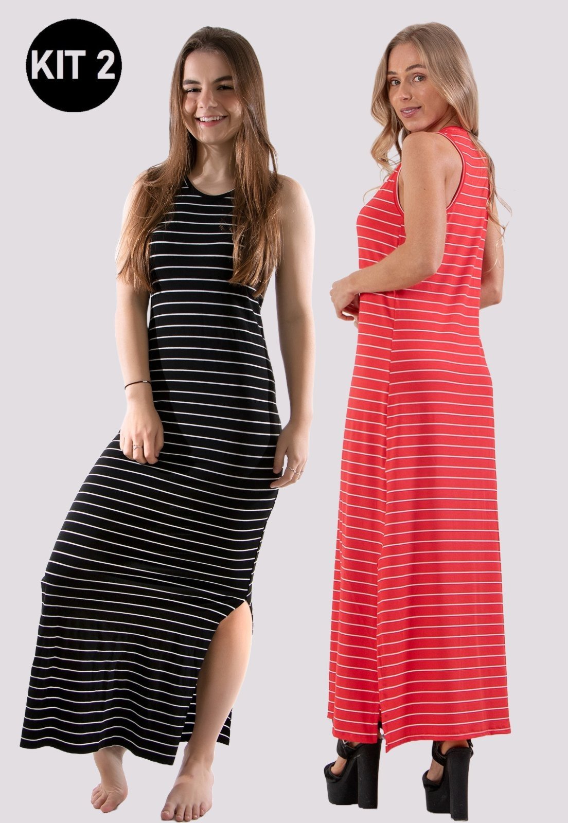Kit 2 Vestidos Longo 4 Estações Listrado Verão Preto/Vermelho
