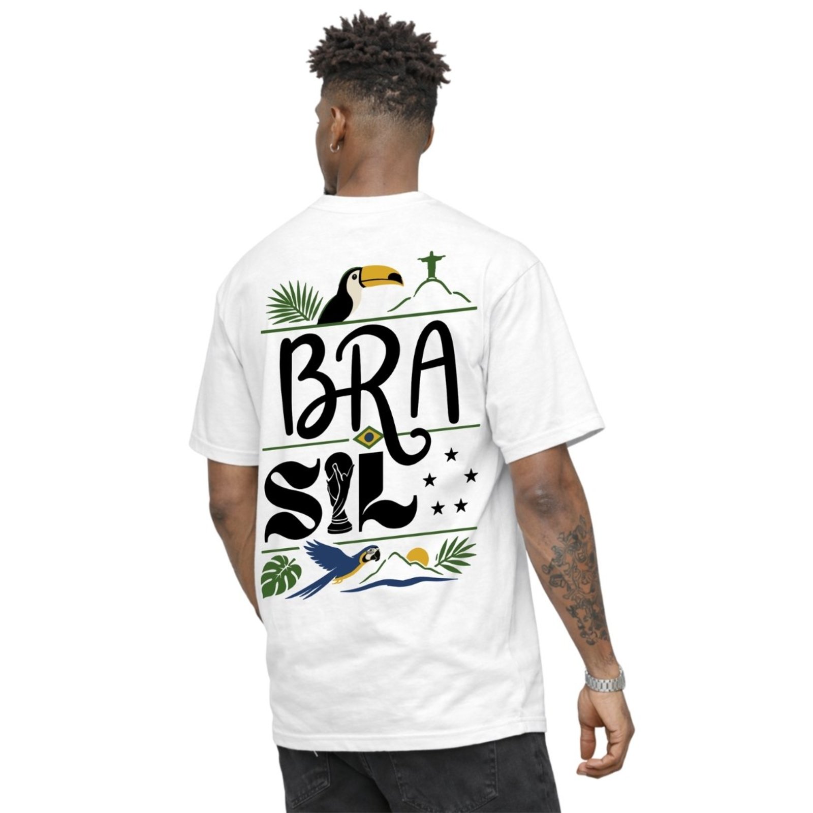 Camiseta Masculina Estampada Brasil Arara Branco 100% Algodão Gola Redonda Casual