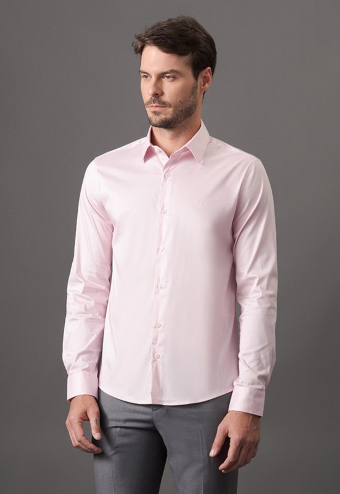 Camisa Slim CK ML Basica Algodão Poliamida Rosa Claro