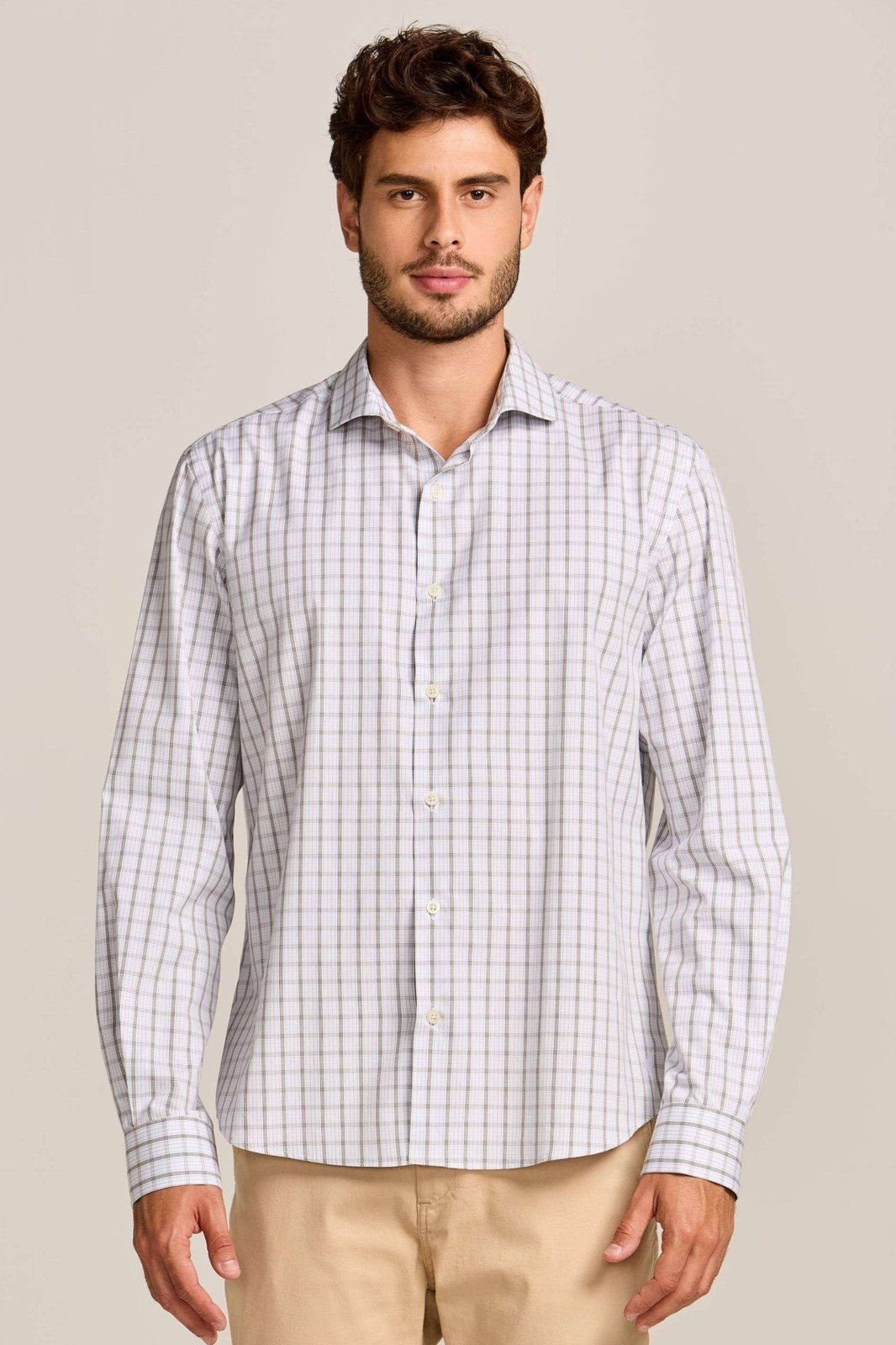 Camisa Tricoline Premium Quadros Branco E Marrom Zapälla Branco