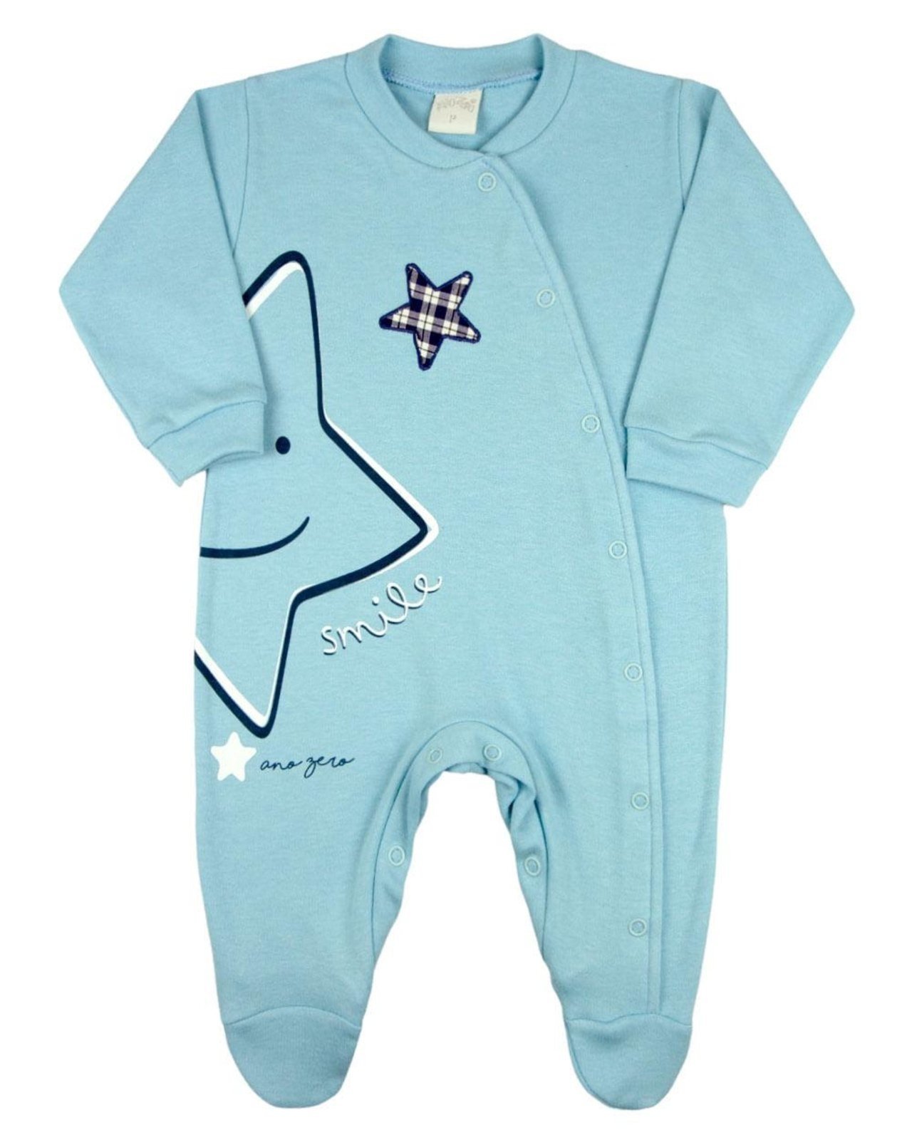Infantil – Macacao Menino Suedine Algodão Manga Longa Comprido Silk e Bordado Estrela – Azul