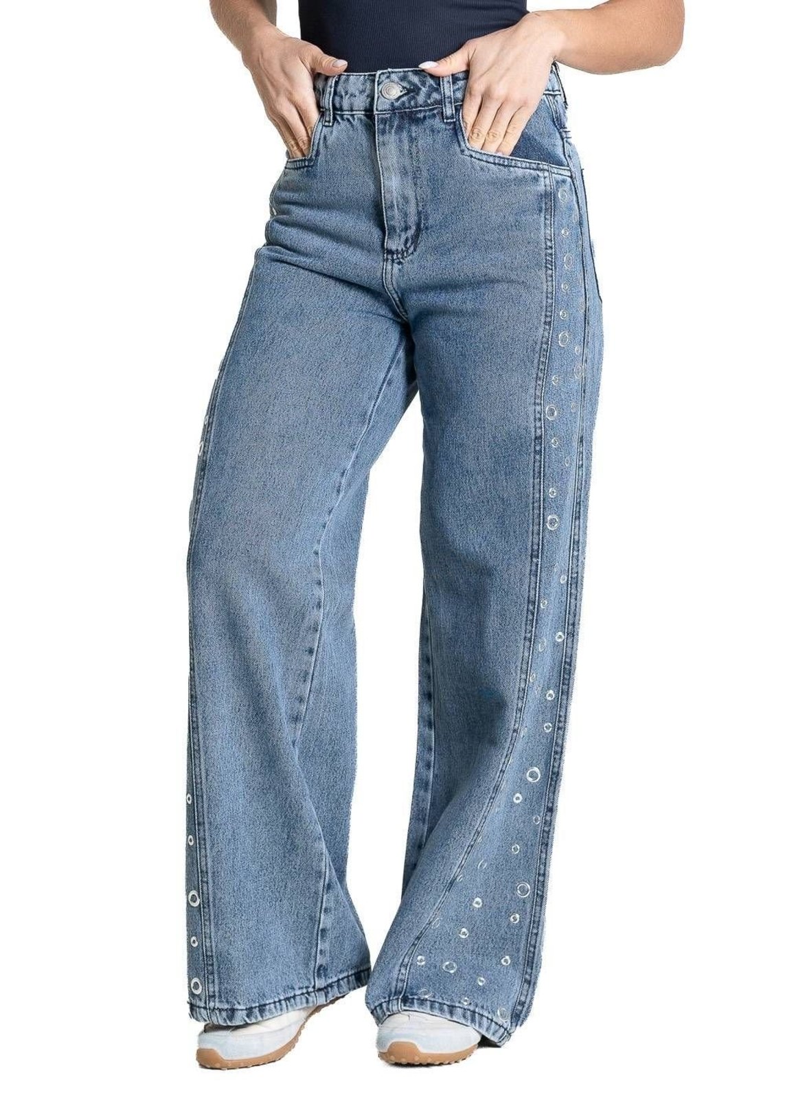 Calça Jeans Sawary Wide Leg Petit Ilhós - 283319 - Azul - Sawary