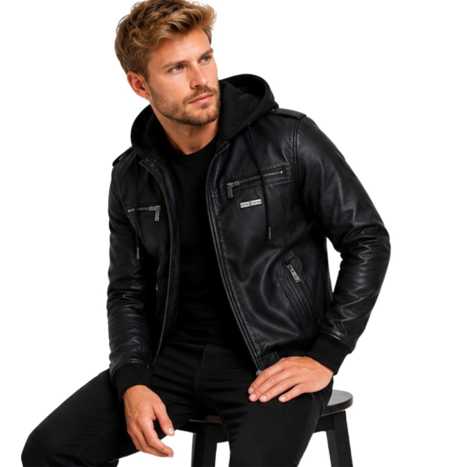 Jaqueta Masculina PU Com Capuz Removível Forrada Inverno Premium Preto