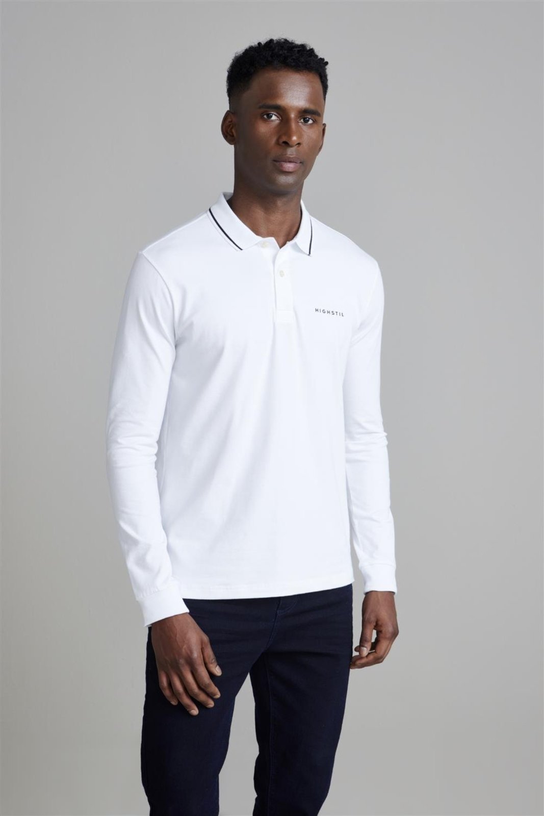 HIGHSTIL Camisa Polo Manga Longa Malha Slim Fit – Branco