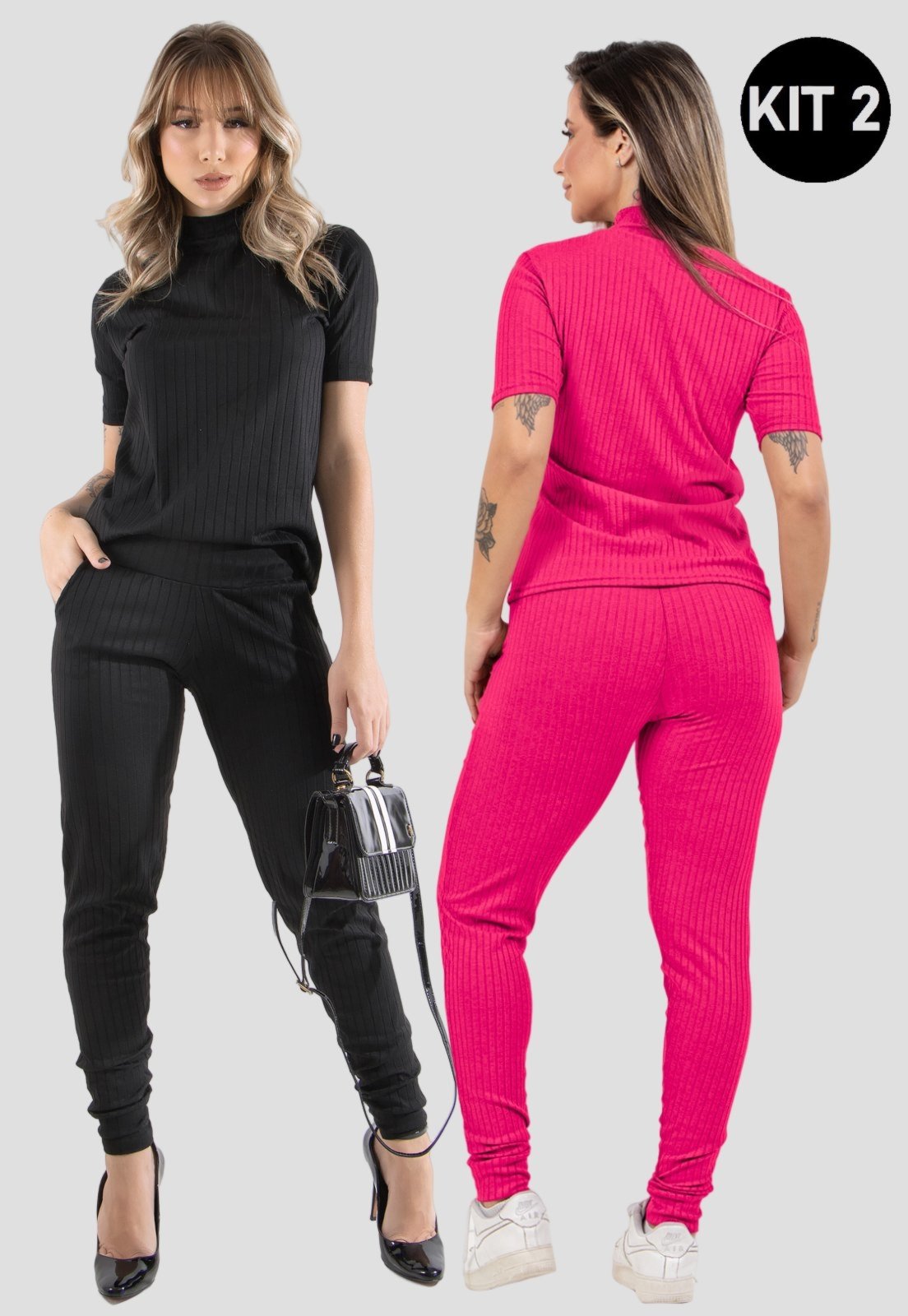 Kit 2 Conjuntos Canelado Manga Curta 4 Estações Blusa Canelada Calça Jogger Cintura Alta Liso Preto/Rosa