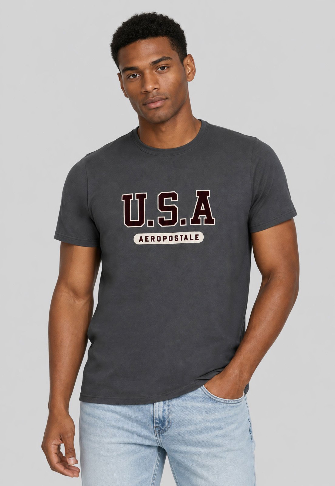 Camiseta Masculina Aeropostale Estampa USA Cinza