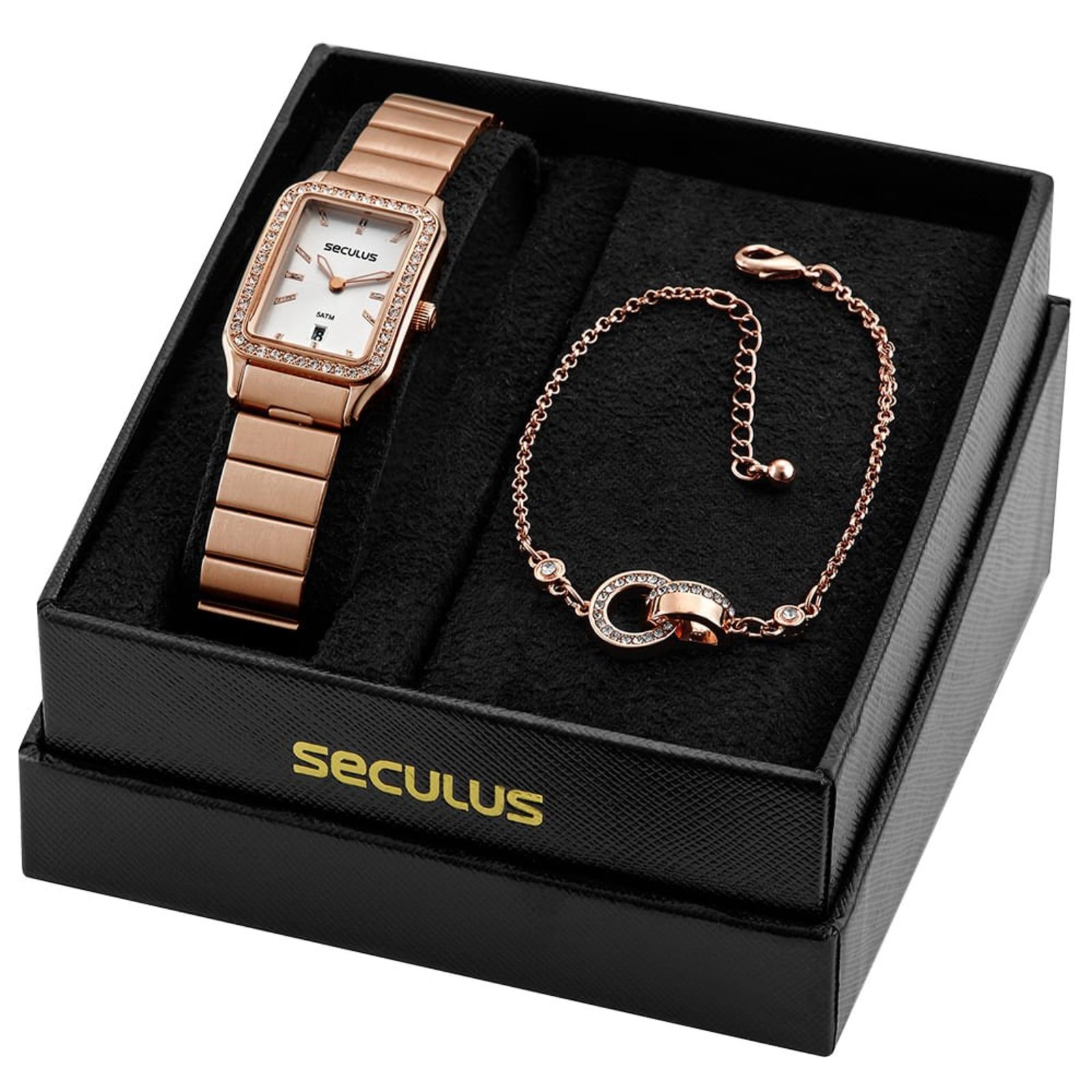 Kit Relógio Seculus Feminino Quadrado com Cristais com Pulseira Seculus