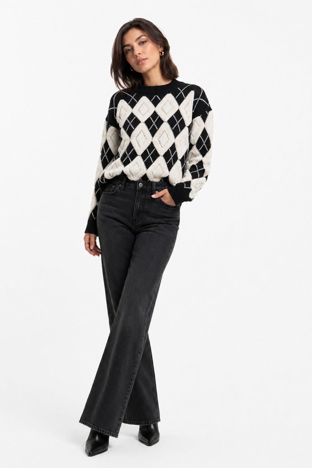 Blusa Tricôt D Bell Outlet Fashion Argyle Preto e Branco