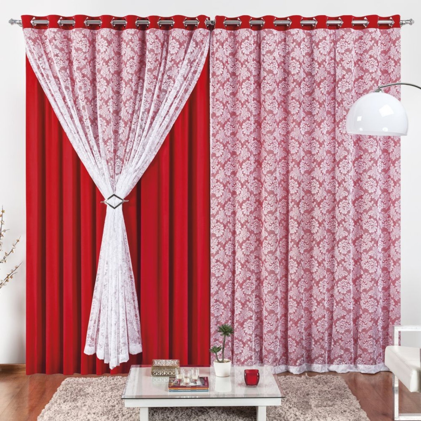 Cortina 2 Mts Sala Quarto Malha Renda para Trilho Comum Baratissima Vermelha - 100% Poliéster