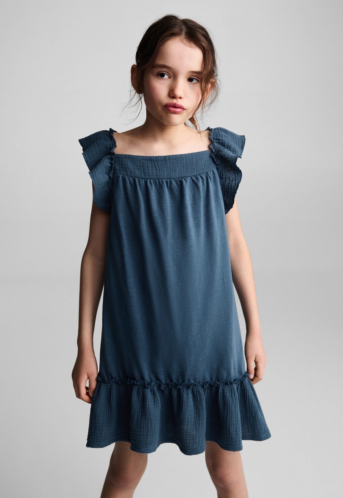Infantil – Vestido Mango Recortes Babado Azul