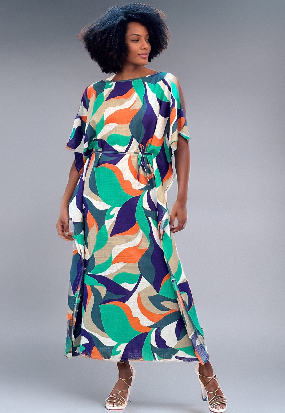 Vista 3 Vestido Amazonia Vital Kaftan Viscose Longo Estampa Brisa do Mar Amazonia Vital azul/estampado/laranja/verde