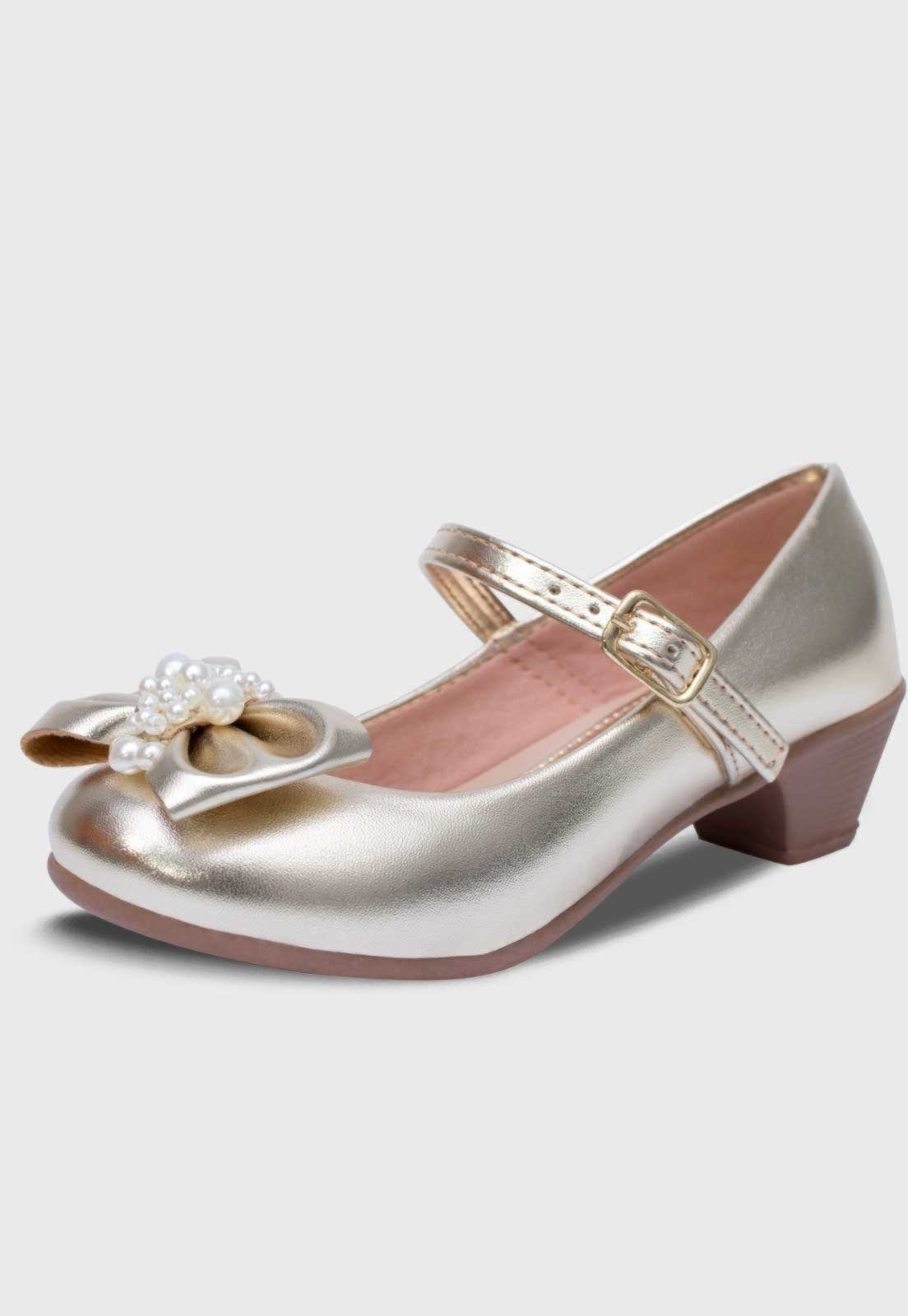Infantil - Sapato de Salto Popidi Menina Laço Perola Dourado
