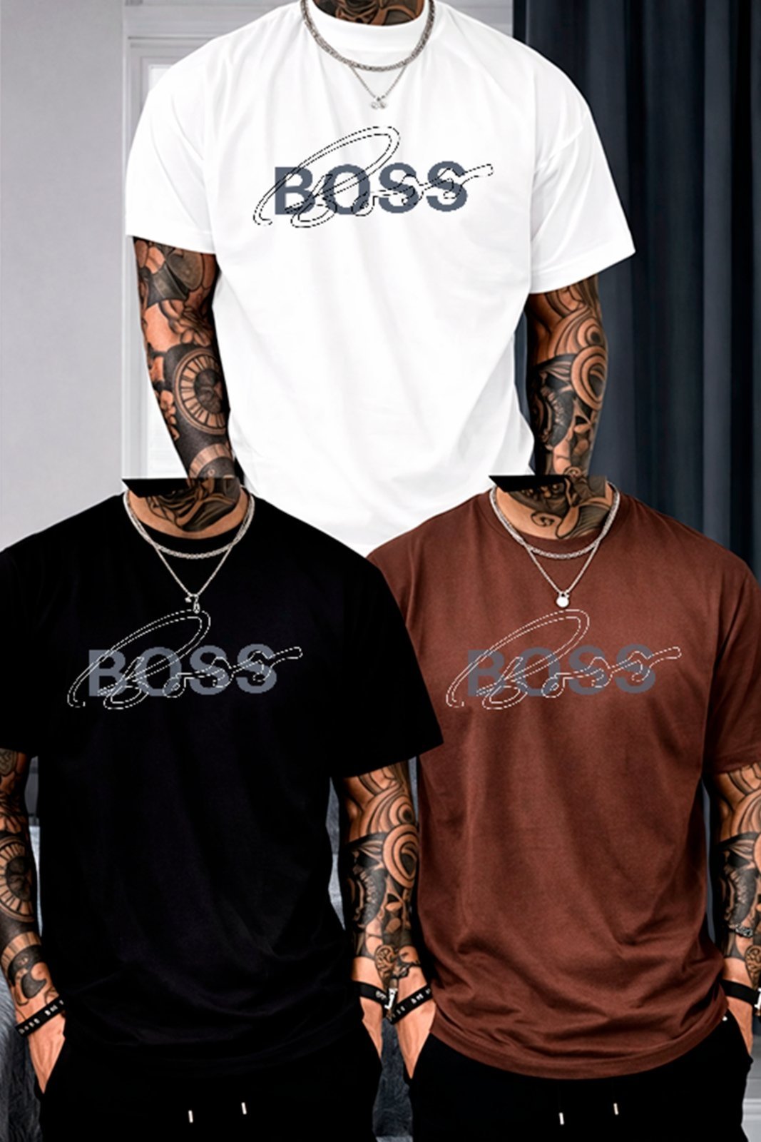 Kit 3 Camisetas Oversized Boss Signature Line Estilo Elegante Dia a Dia