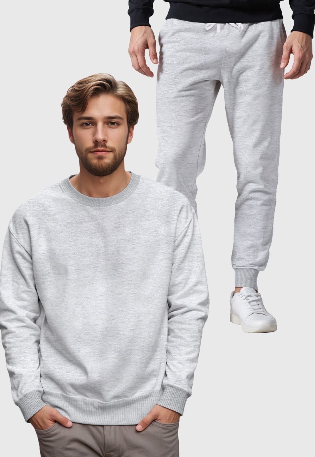 Conjunto Moletom Liso Gola Redonda e Calça Masculina Benellys Cinza Claro