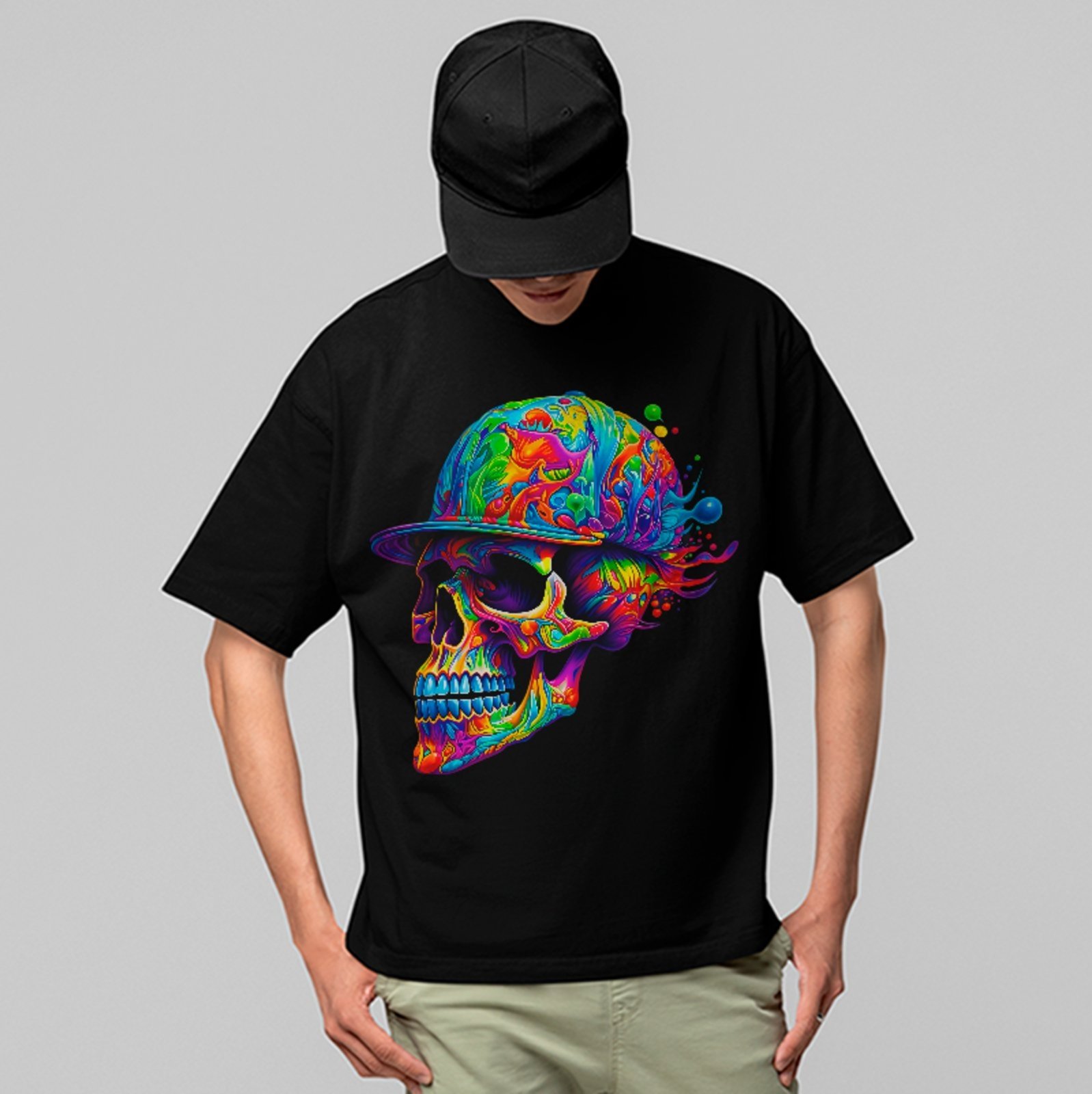 Camiseta Oversized Premium Psychedelic Skull Street Style Unissex Preto