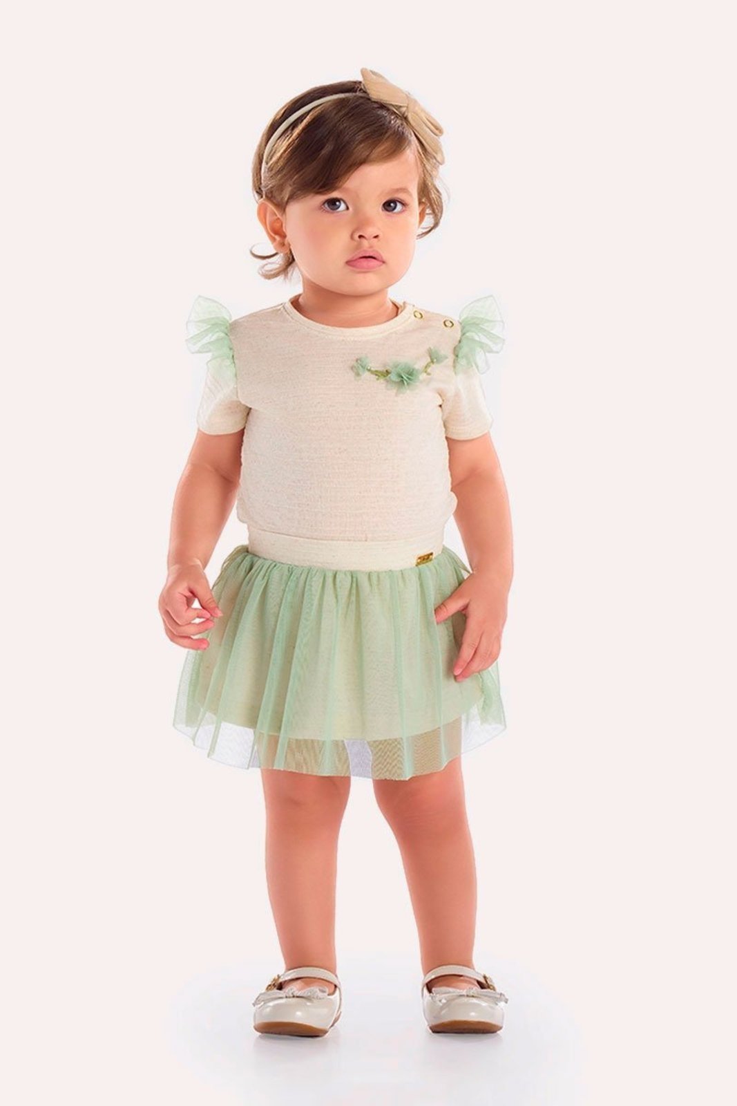 Infantil - Conjunto Body Off Texturizado com Saia Verde em Tule