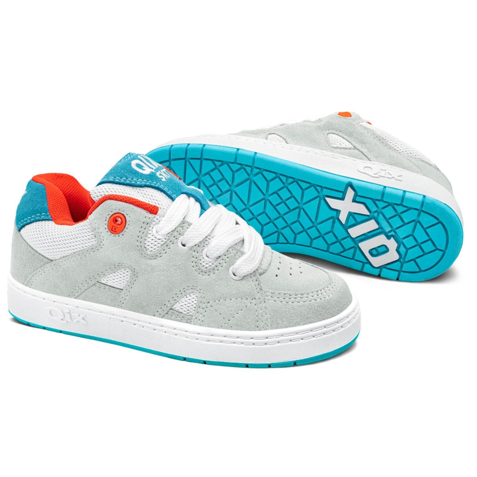 Vista 3 Tênis Qix Plaza Branco Laranja Azul Cinza cinza azul Qix cinza azul