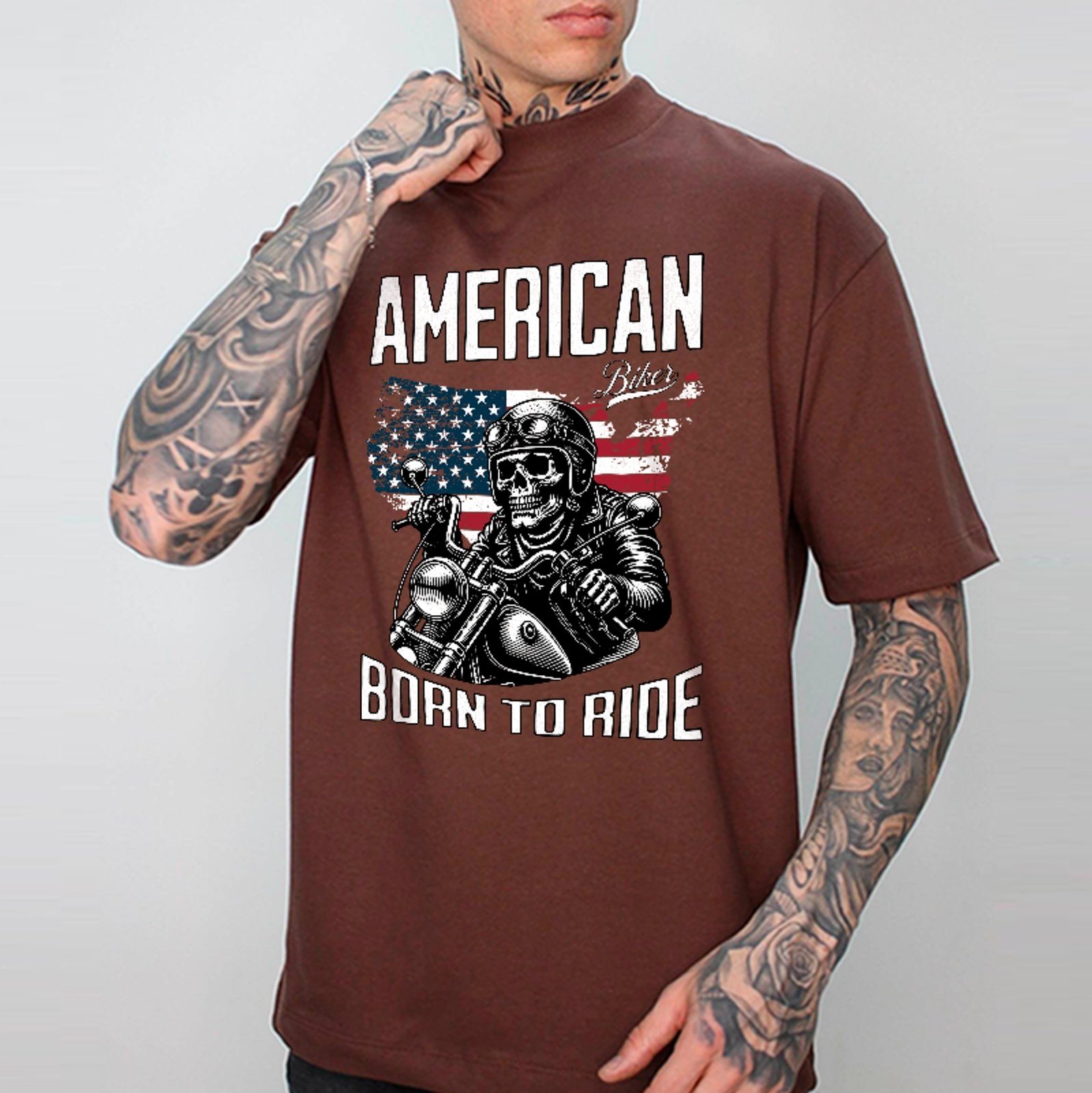Camiseta Oversized American Born To Ride Estilo Biker Unissex Marrom
