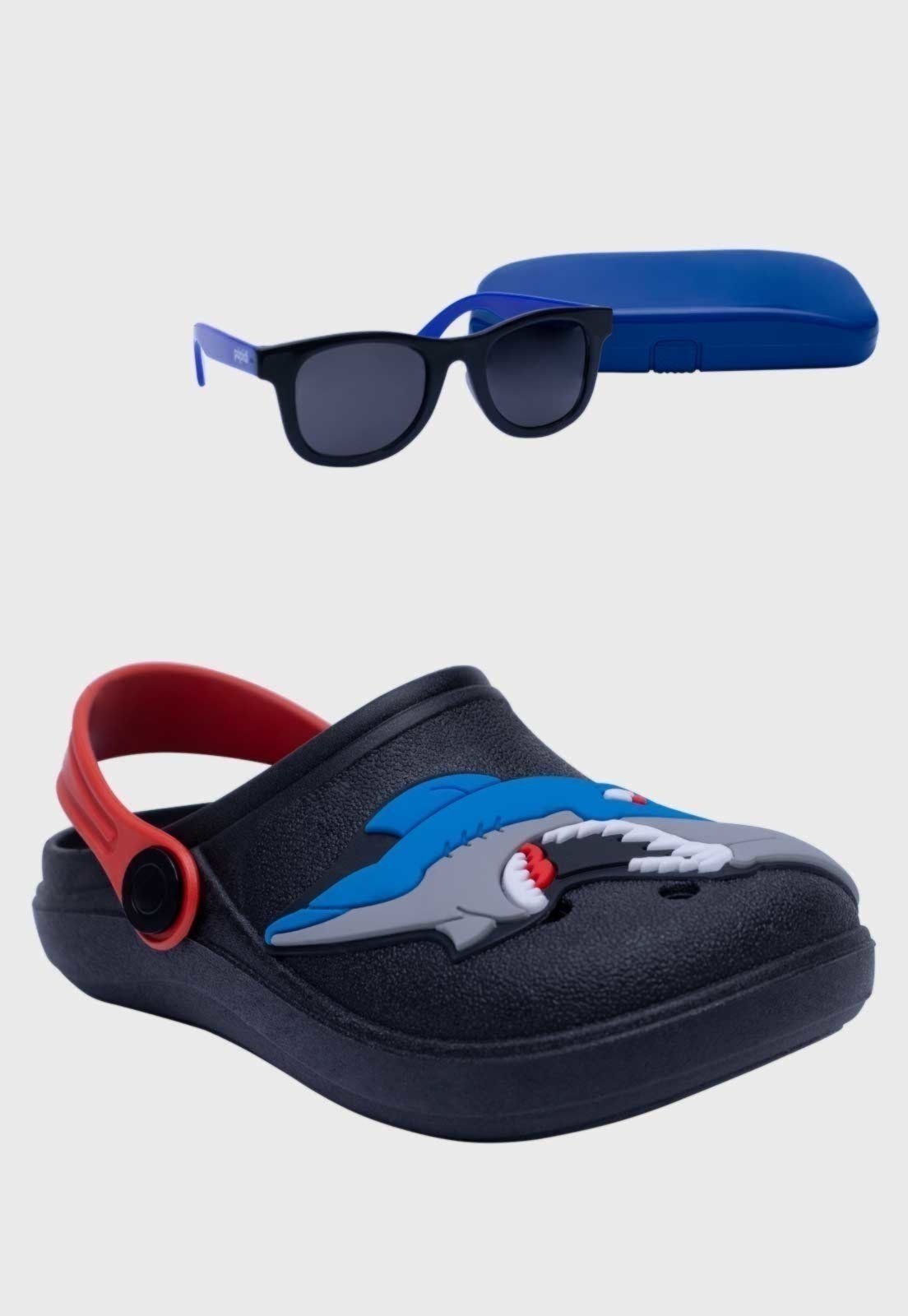Vista 2 Infantil - Kit Babuche Tubarão Preto e Óculos de Sol Azul com Capinha Pópidí preto azul Pópidí preto azul