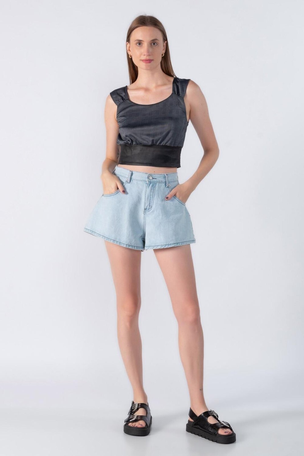 Cropped Lamis xadrez com alca Preto
