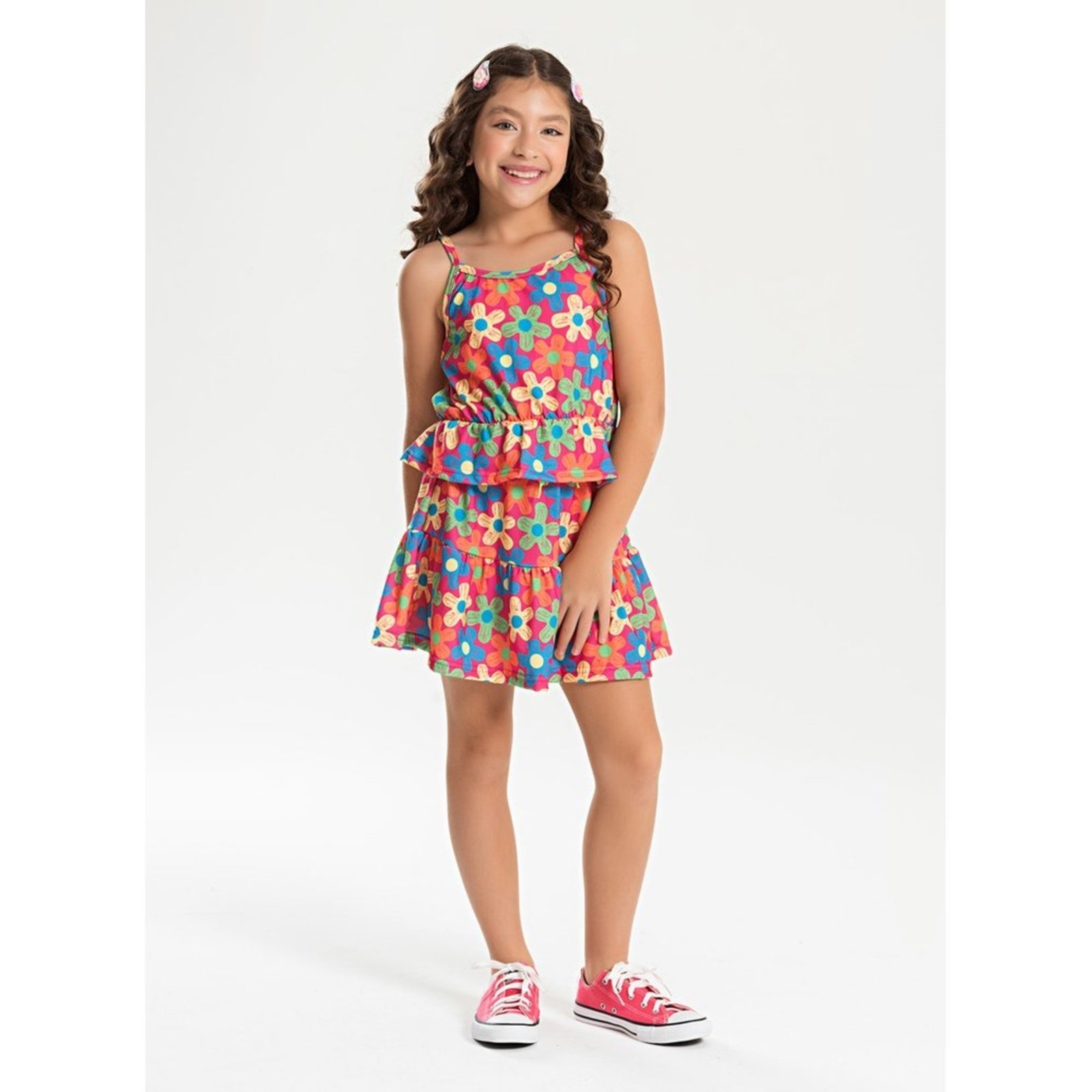 Infantil – Conjunto Verão Menina Pink Cropped Alcinha e Saia com Babado Flores