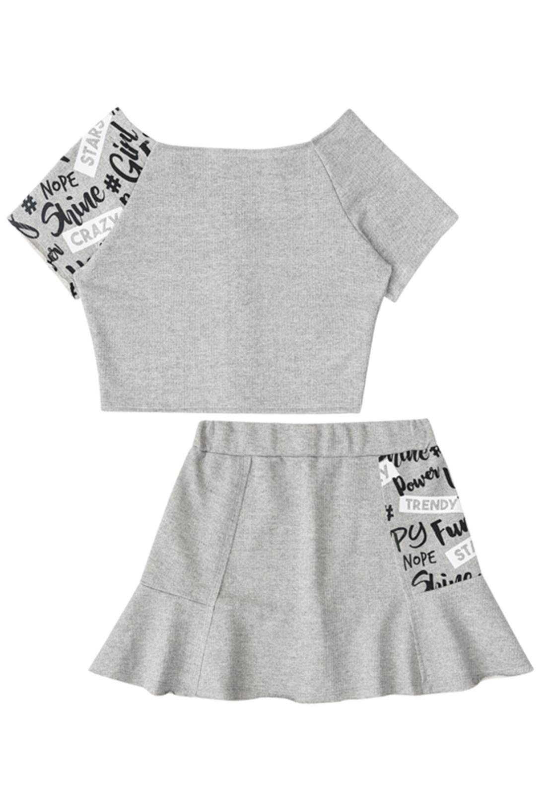 Vista 2 Infantil - Conjunto Cropped Saia Mescla Lilimoon cinza Lilimoon cinza