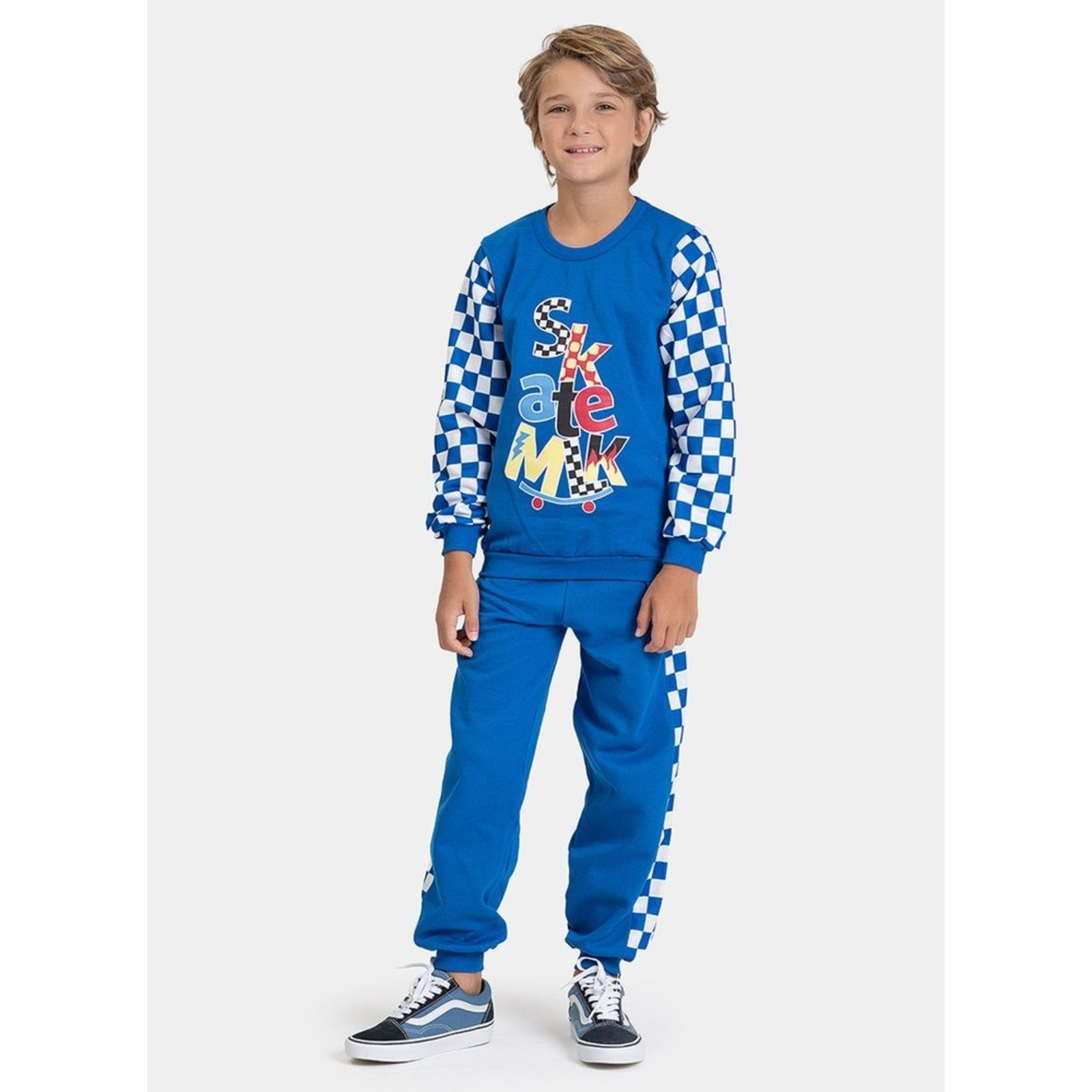 Vista 2 Infantil - Conjunto Inverno Menino Royal Blusão Manga Xadrez e Calça em Moletom Skate Molekada azul royal Molekada azul royal