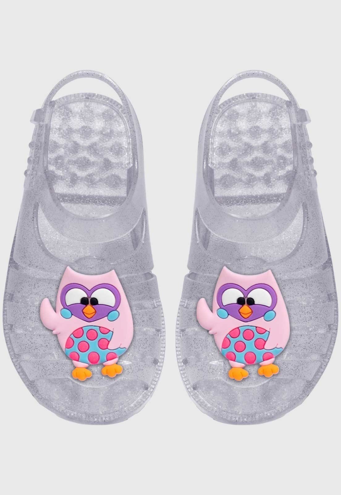 Vista 3 Infantil - Sandália Rasteira Pópidi Menina Emborrachada Coruja Glitter prata Pópidí prata