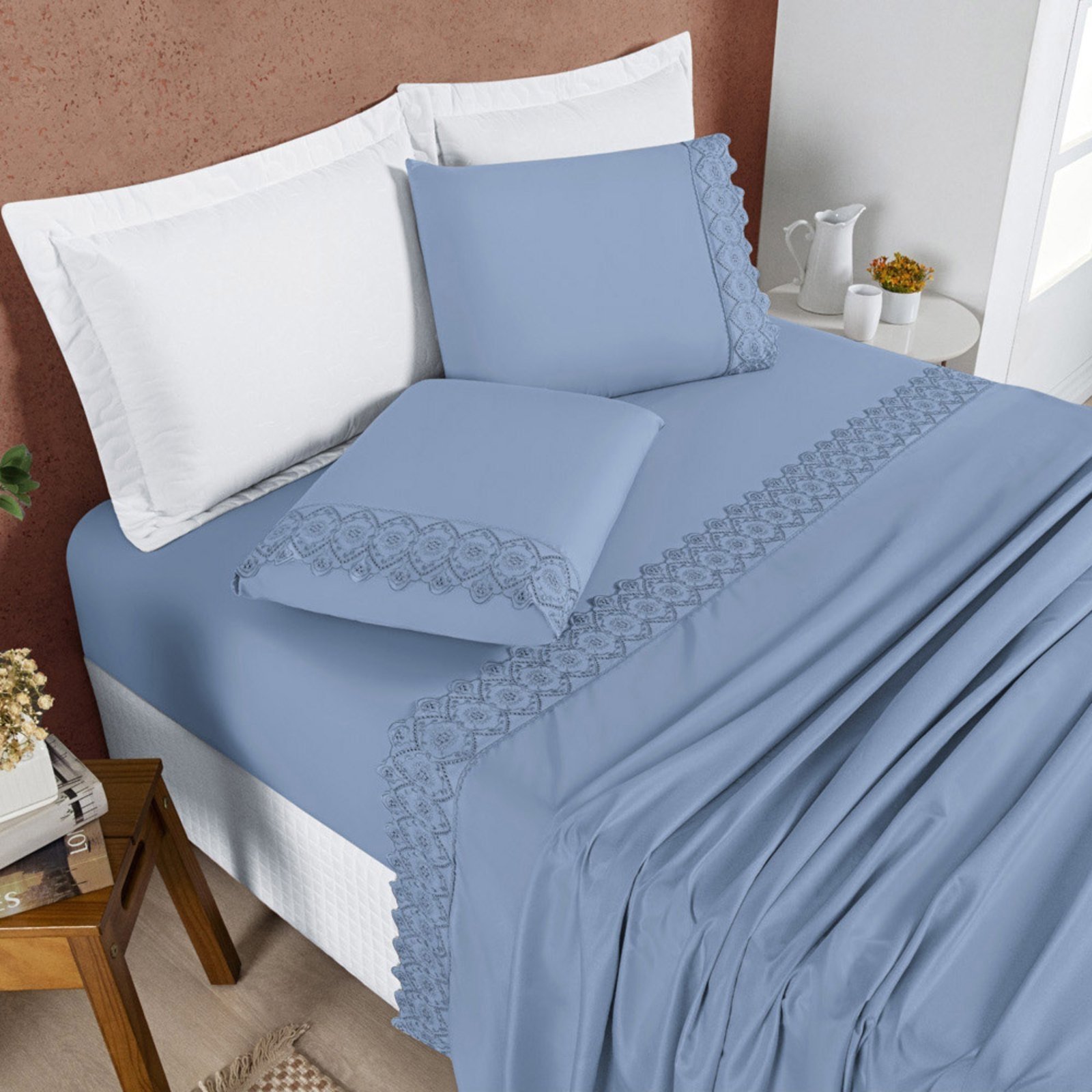 Jogo Cama Lençol Casa Scarpa Bouclê Queen Micro Percal 200 Fios c/ Laise Bordada 4 Peças - Azul Ice Blue