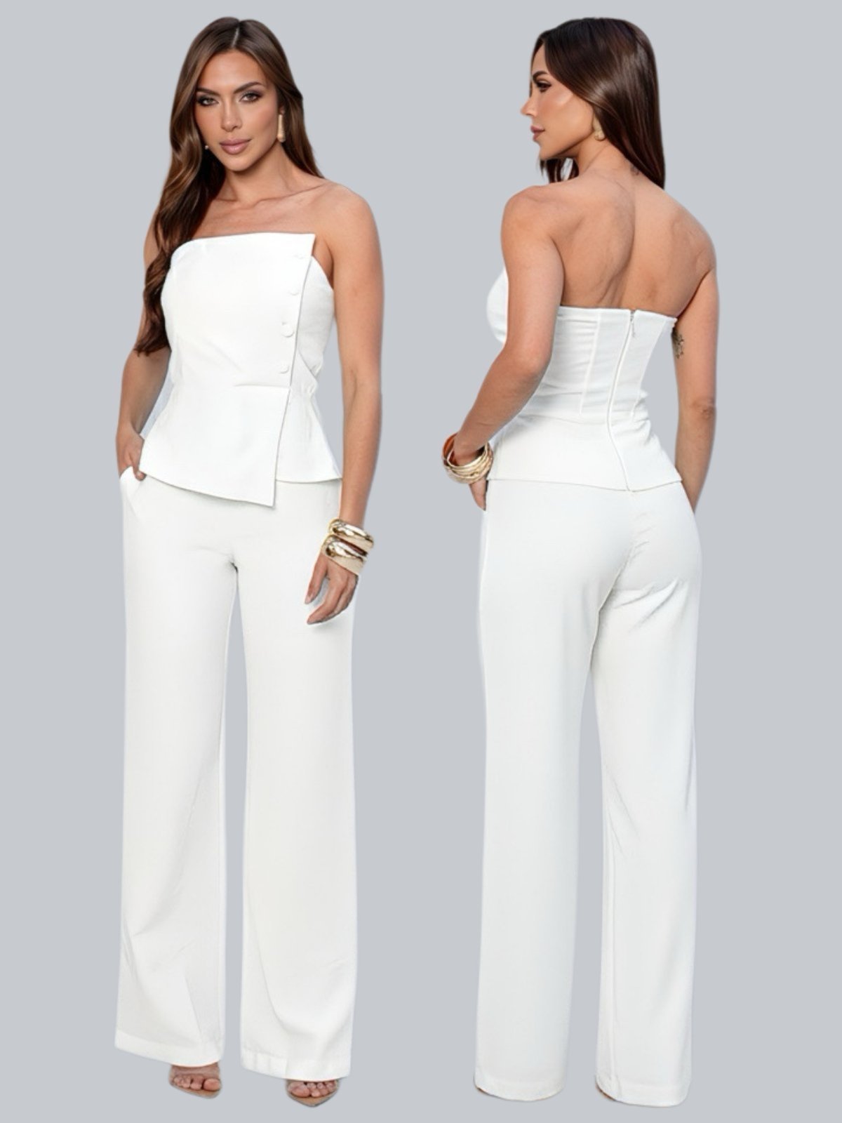 Conjunto Feminino Longo Tropical Fashion Blusa Tomara que Caia e Calça Pantalona – BRANCO