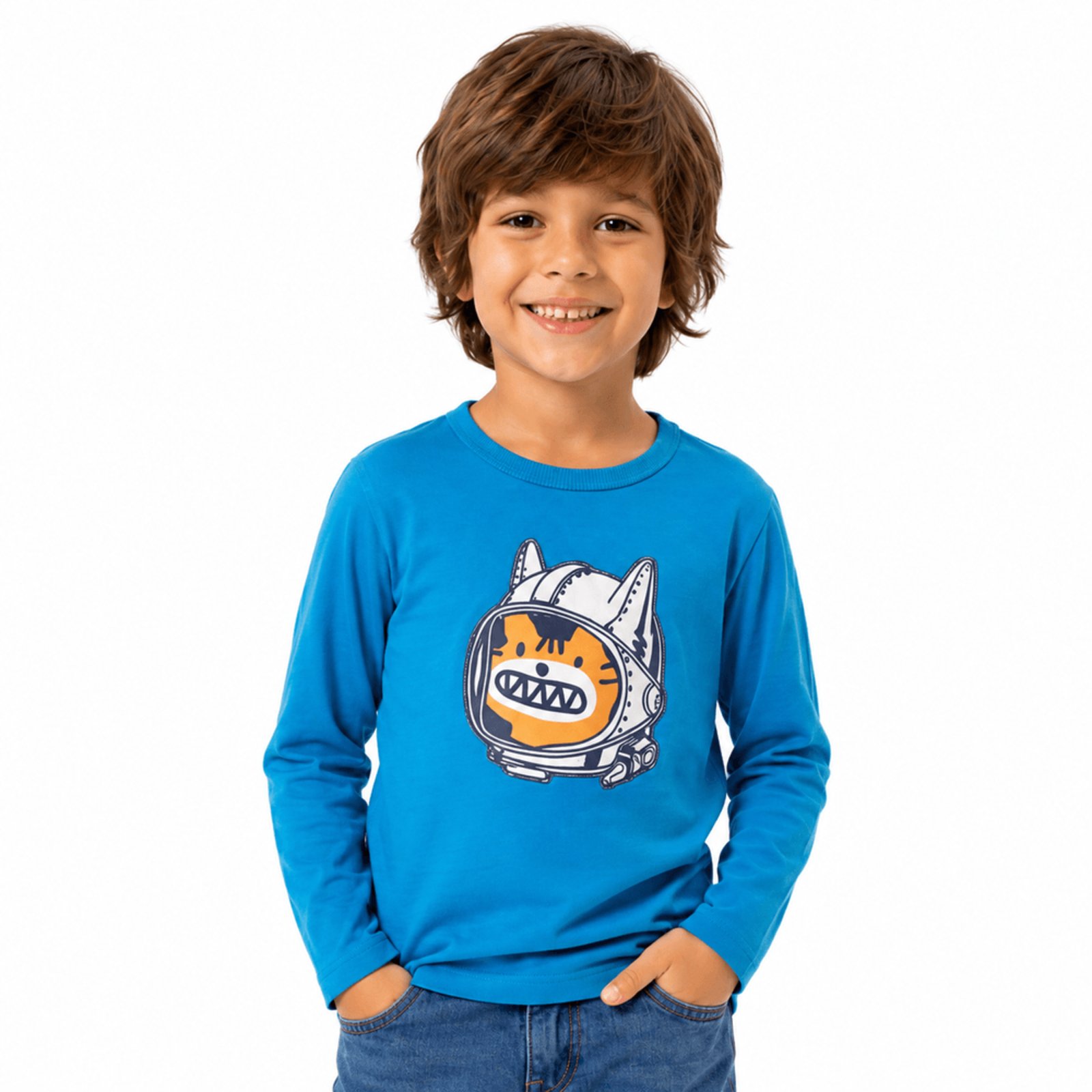 Infantil - Camiseta Menino Astronauta Alphabeto Azul Forte Azul