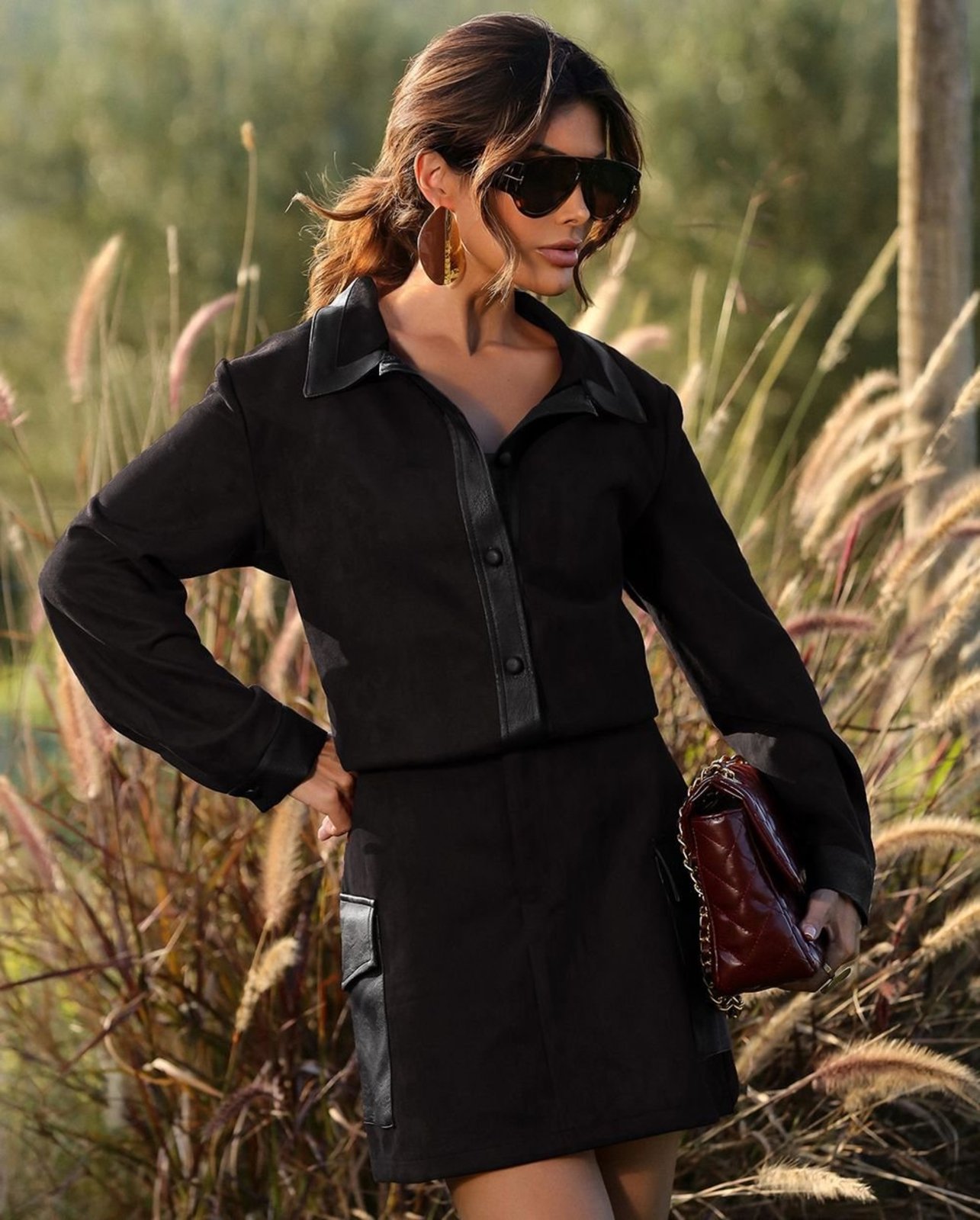 Mini Saia Material Sintético Feminina Cintura Alta Cargo 90604 Preto Consciência