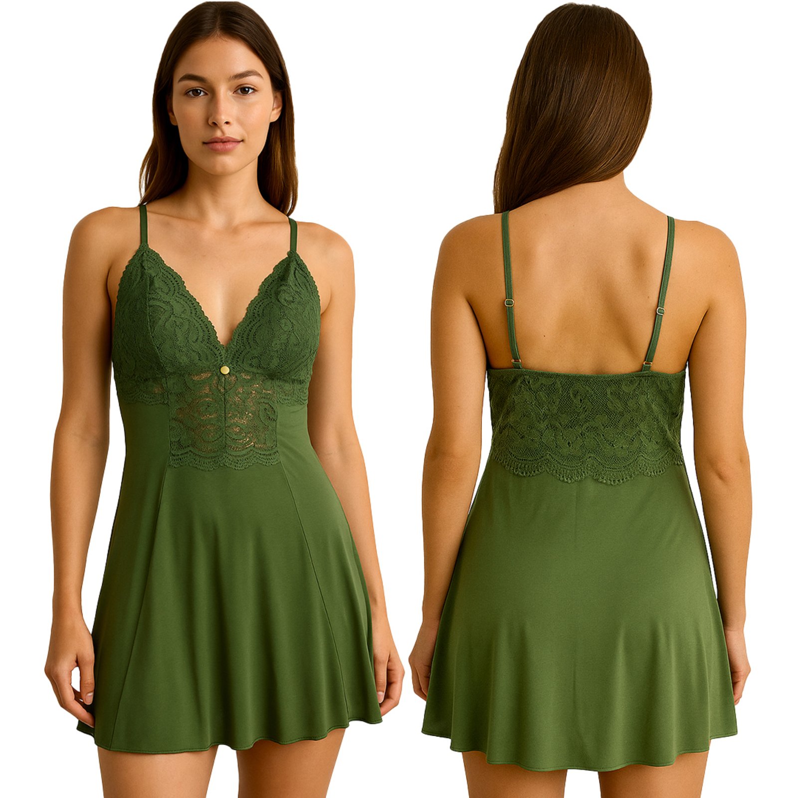 Camisola Gabi Lingerie Elegante Confortável em Poliamida Detalhes em Renda Perfeita Para Dormi Verde Musgo