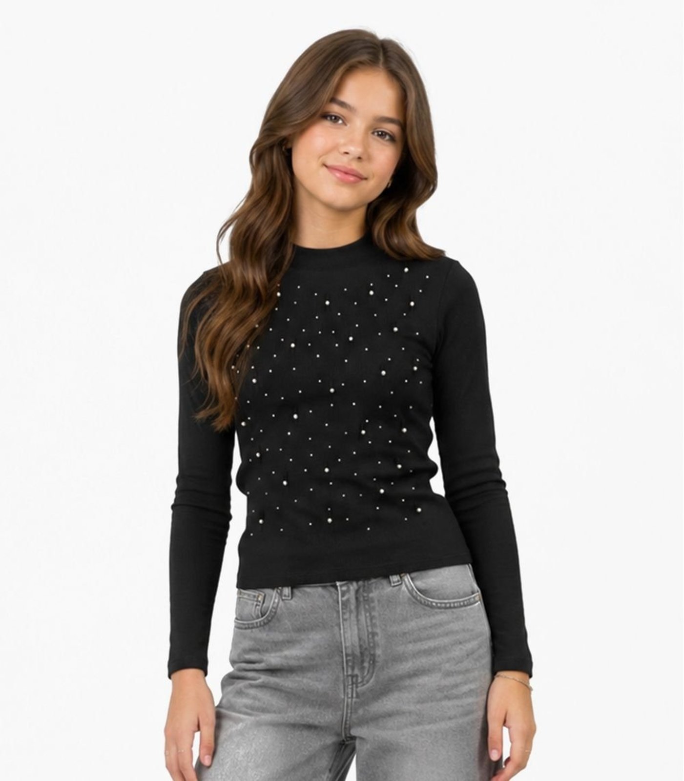 Infantil - Blusa Juvenil Manga Longa Ribana e Rebites Minty Preto