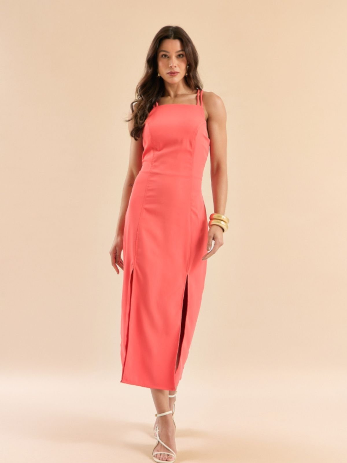 Vestido Midi Com Fenda Lateral Feminino Casual E Chic Vermelho