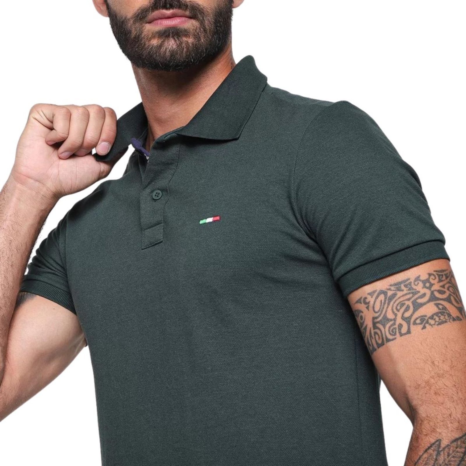 Vista 3 Kit 2 Polos Masculina Básicas FMF Piquet no Estilo Tommy Bordado Itália verde militar FMF verde militar