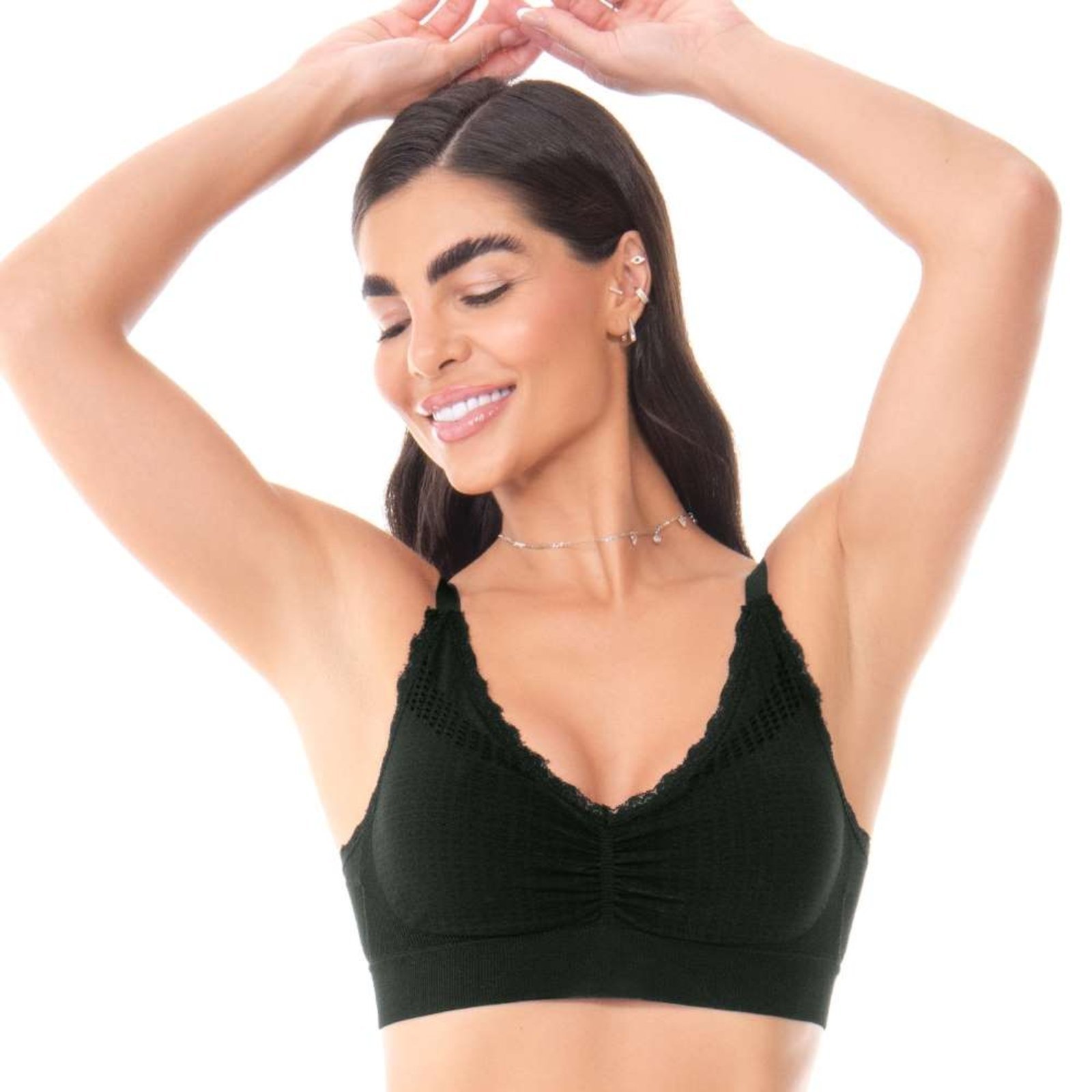Top Jacquard Sem Costura com Bojo Removível na Cor Preta