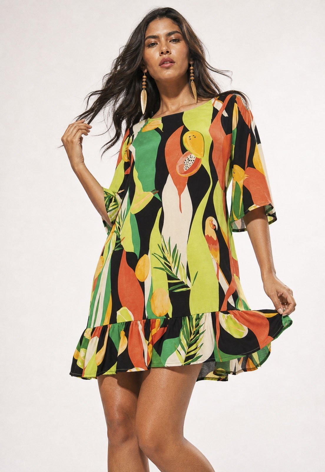 Vestido Amazonia Vital Curto Viscose Estampa Festival Tropical